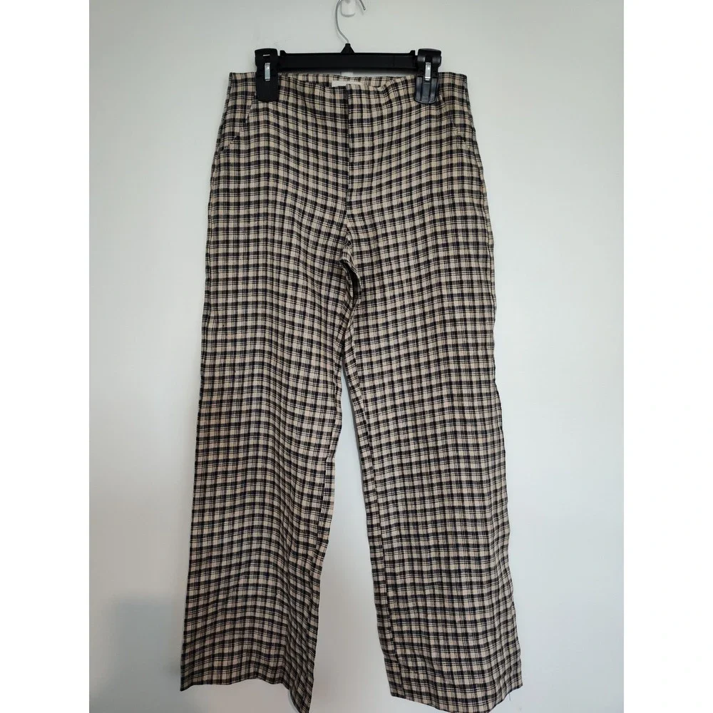Reformation Vida Linen Low Rise Pant Beacon Check Plaid Navy Cream 6 NEW